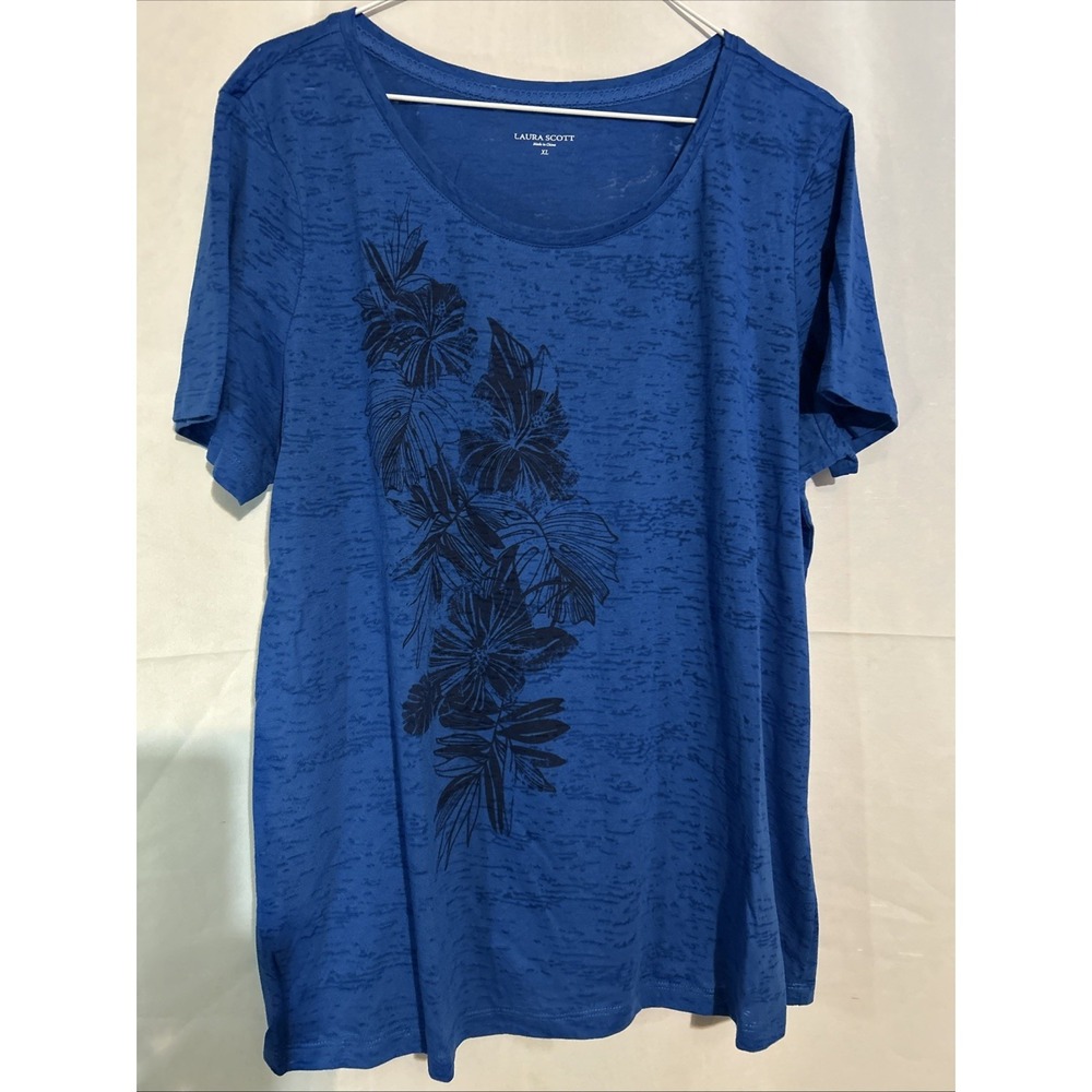 Laura Scott Women's Tropical Blue Short Sleeve Blouse, Size XL